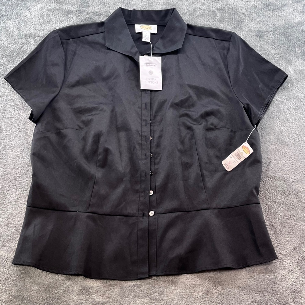 NWT Talbots Black Cotton Short Sleeve Peplum Button Down Blouse Size 12